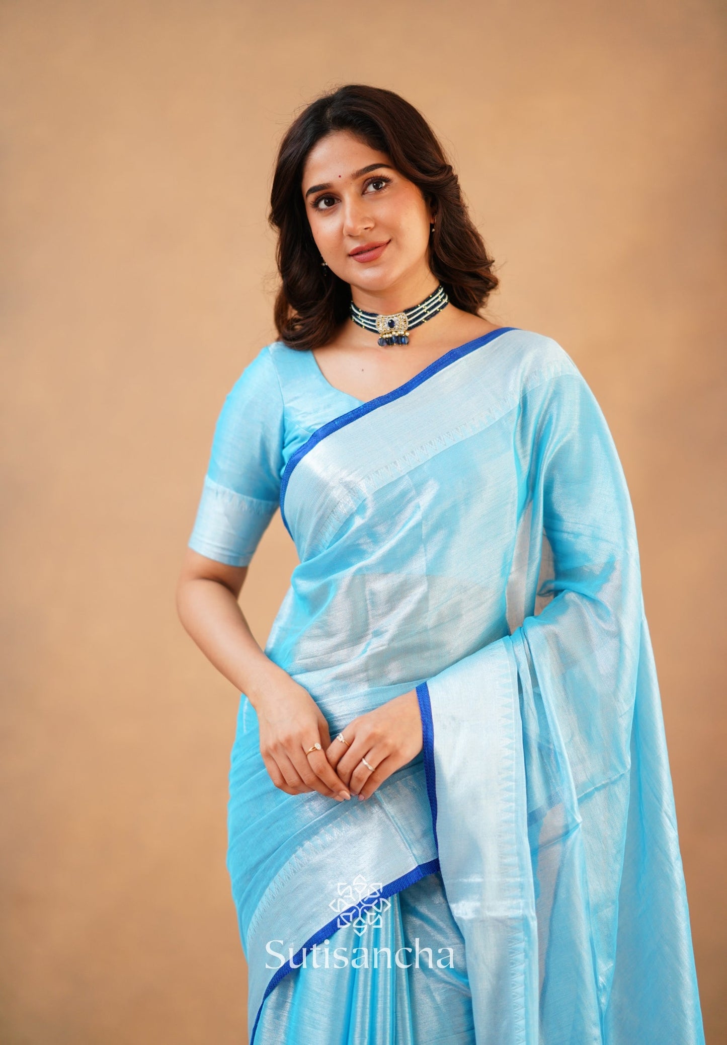 Dhiyona SS Sutisancha Aqua Blue Handloom Cotton Tissue Saree