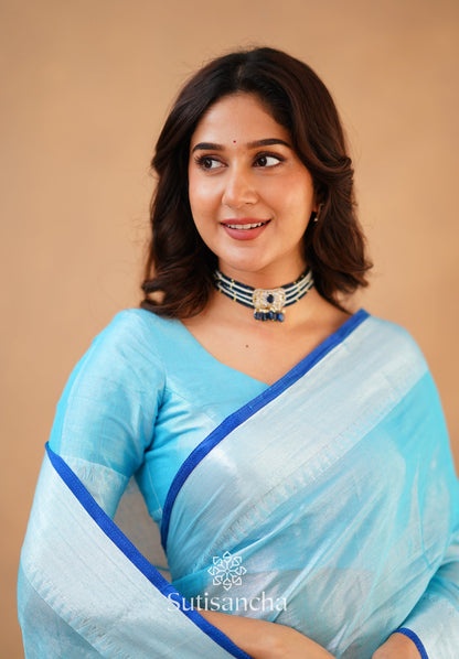 Dhiyona SS Sutisancha Aqua Blue Handloom Cotton Tissue Saree