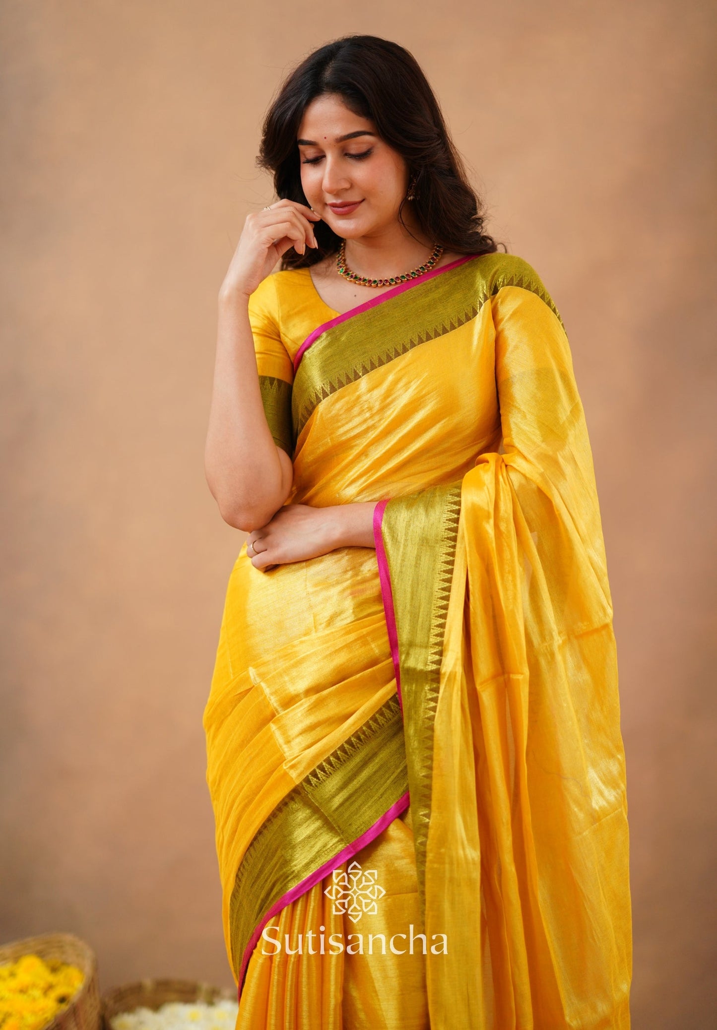 Dhiyona SS Sutisancha Yellow Handloom Cotton Tissue Saree