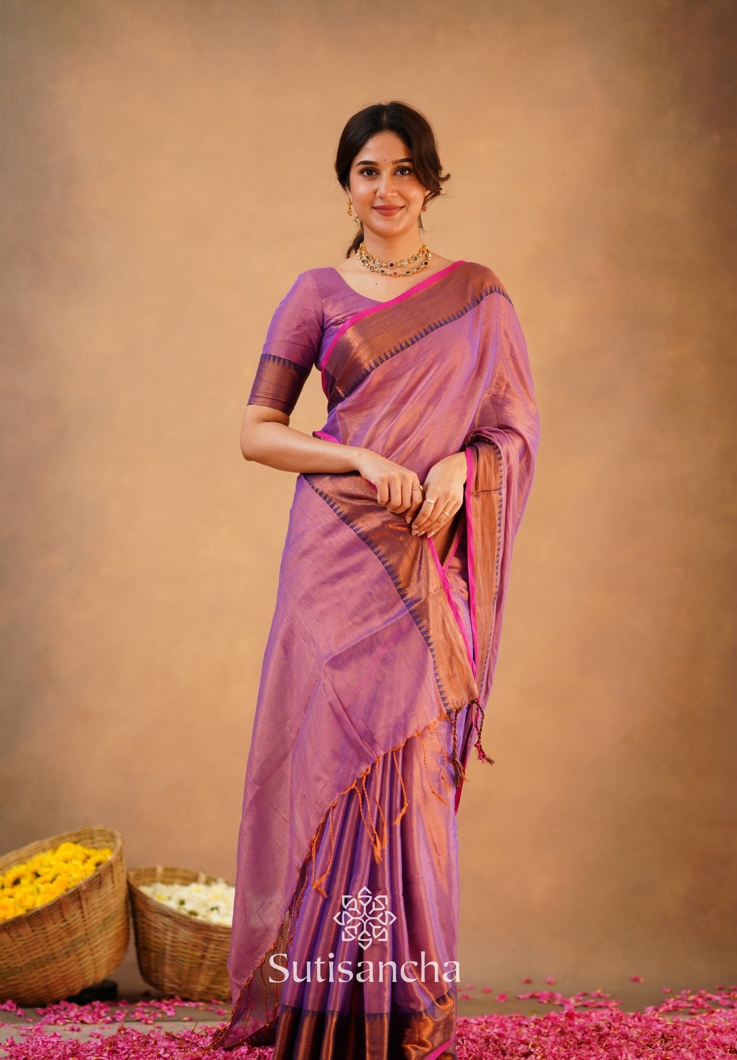 Dhiyona SS Sutisancha Onion Pink Handloom Cotton Tissue Saree