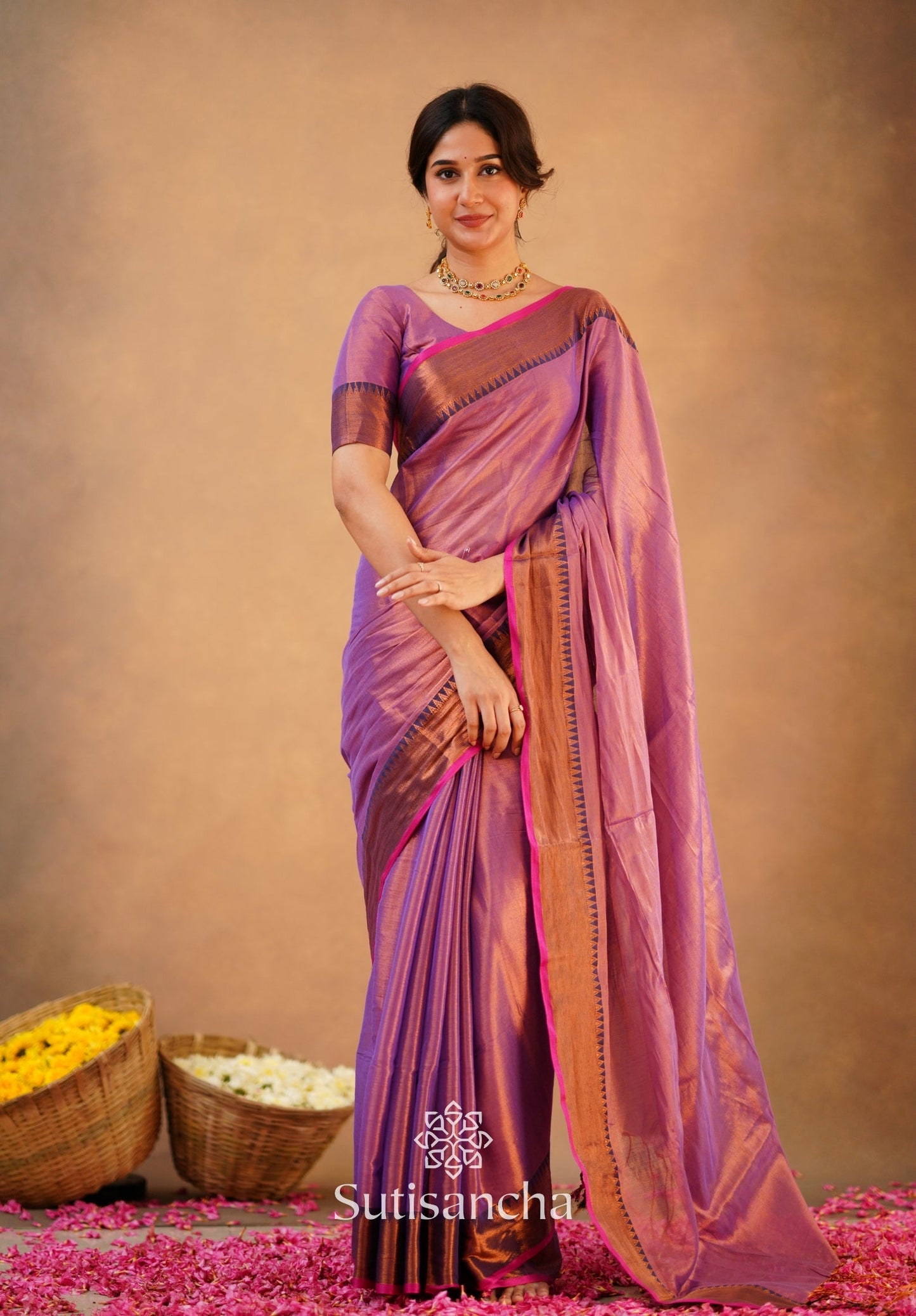 Dhiyona SS Sutisancha Onion Pink Handloom Cotton Tissue Saree