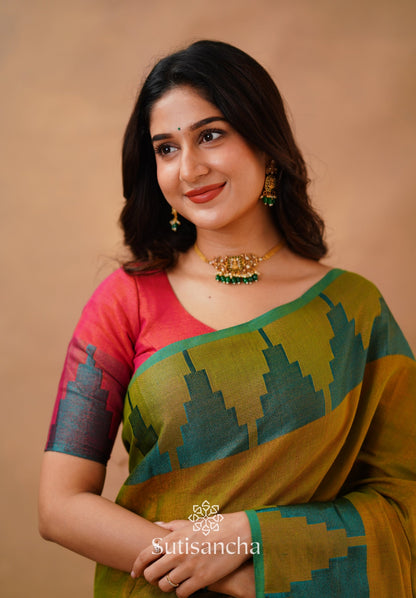 Dhiyona SS Tissue Cotton Handloom Saree with Artisanal Stepped Border