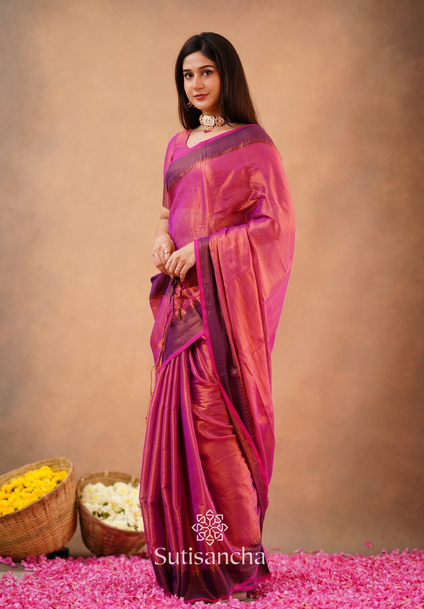 Dhiyona SS Sutisancha Peach Handloom Cotton Tissue Saree
