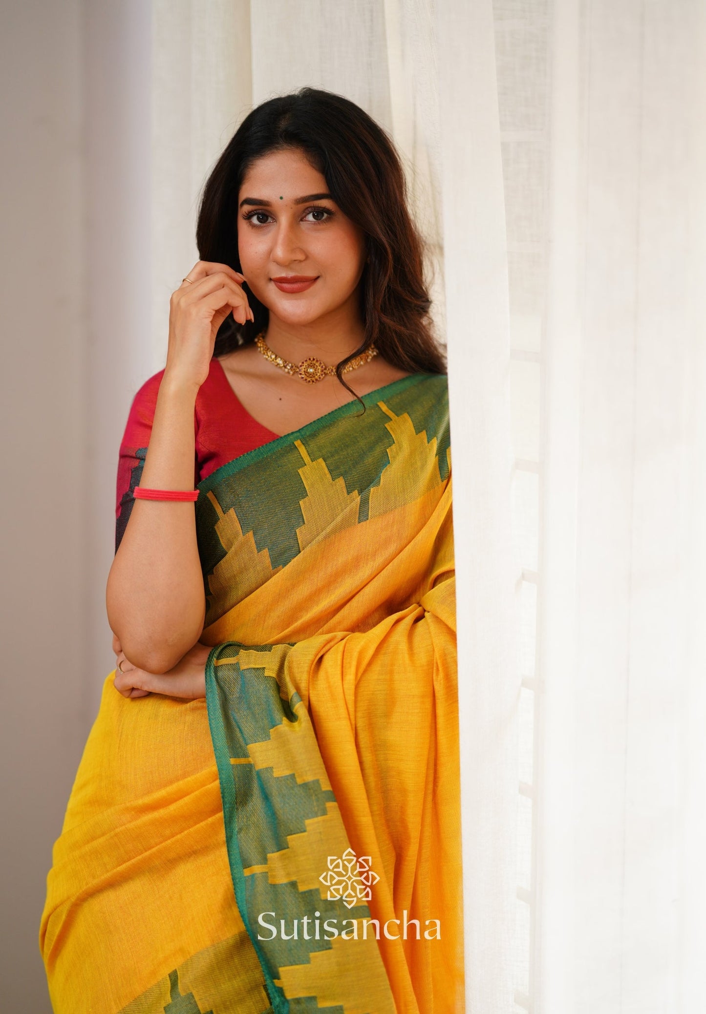 Dhiyona SS Tissue Cotton Handloom Saree with Artisanal Stepped Border