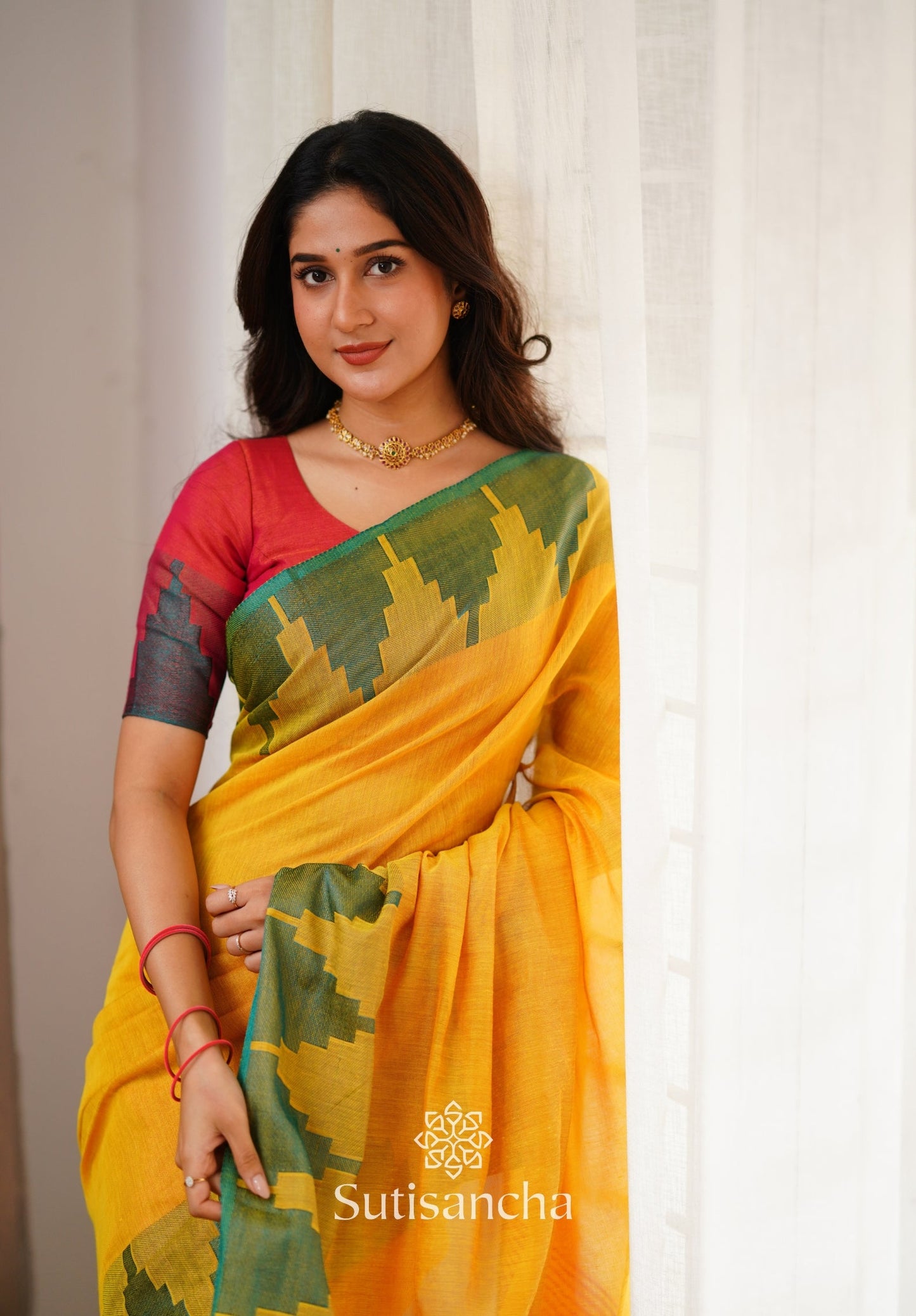 Dhiyona SS Tissue Cotton Handloom Saree with Artisanal Stepped Border
