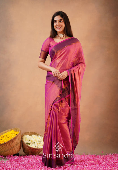 Dhiyona SS Sutisancha Peach Handloom Cotton Tissue Saree
