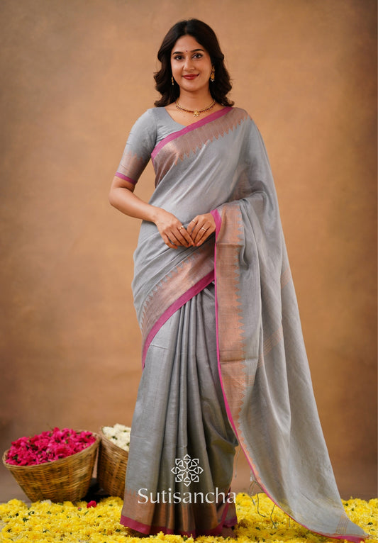 Dhiyona SS Sutisancha Metal Gray Handloom Cotton Designer Tissue Saree