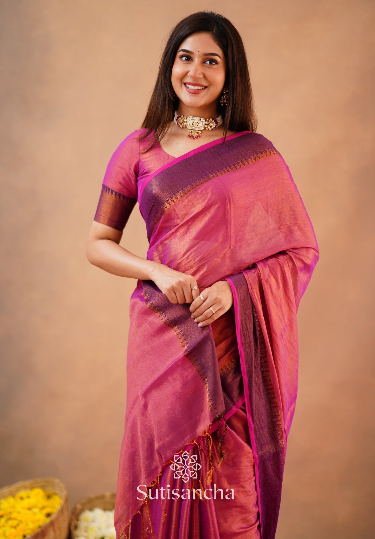 Dhiyona SS Sutisancha Peach Handloom Cotton Tissue Saree