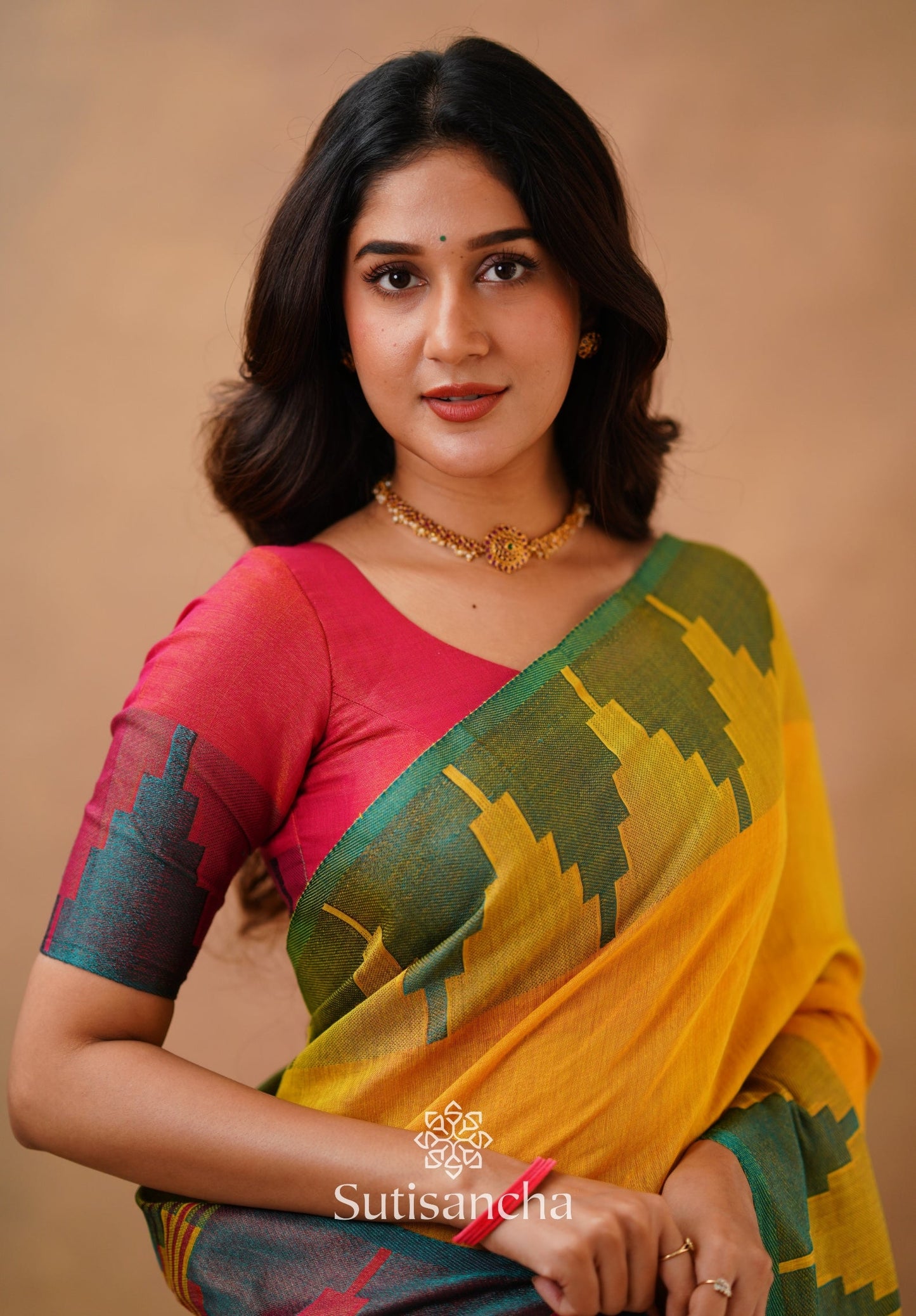 Dhiyona SS Tissue Cotton Handloom Saree with Artisanal Stepped Border