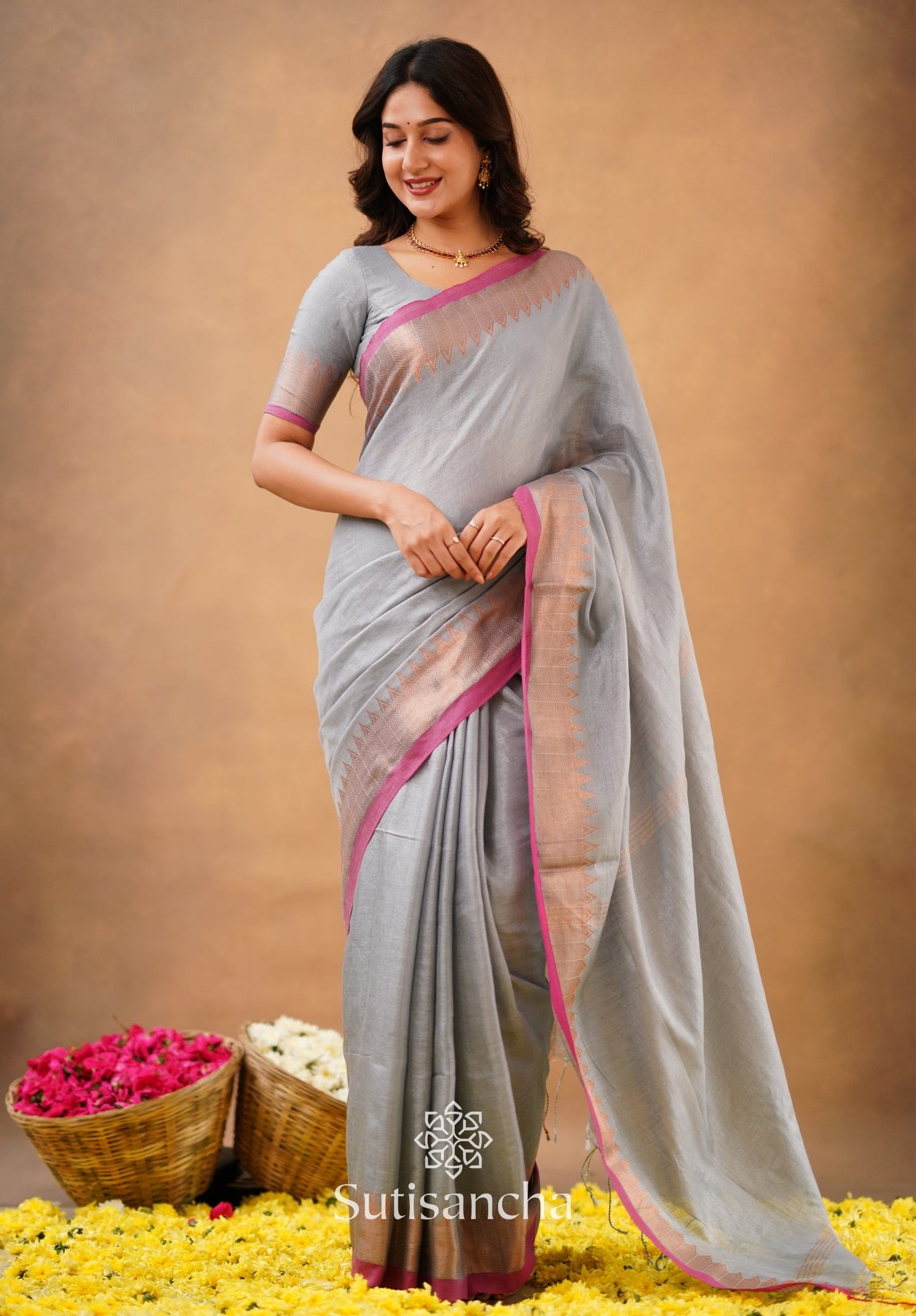 Dhiyona SS Sutisancha Metal Gray Handloom Cotton Designer Tissue Saree
