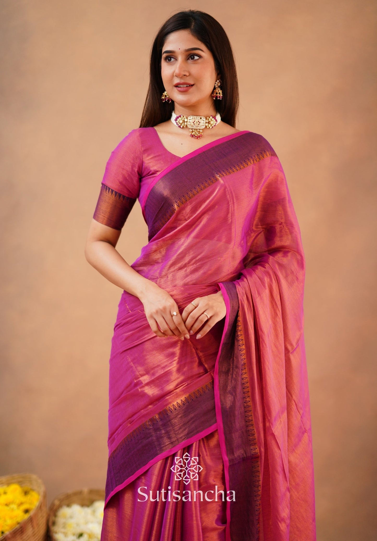Dhiyona SS Sutisancha Peach Handloom Cotton Tissue Saree