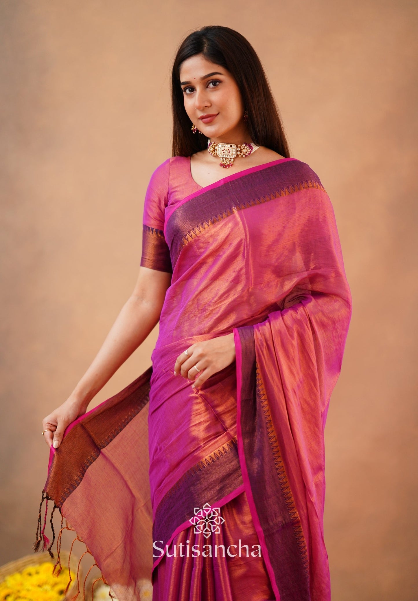 Dhiyona SS Sutisancha Peach Handloom Cotton Tissue Saree