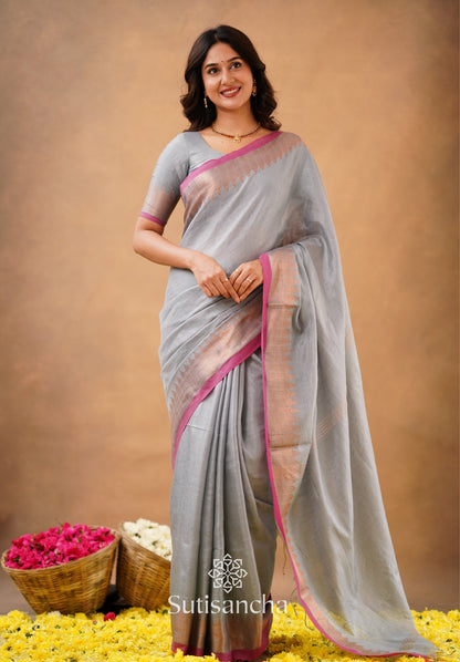 Dhiyona SS Sutisancha Metal Gray Handloom Cotton Designer Tissue Saree