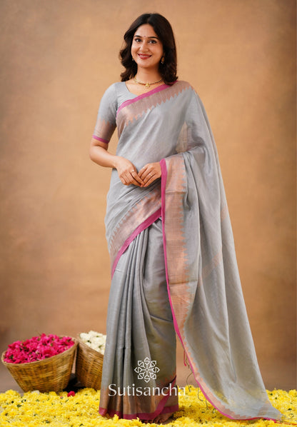 Dhiyona SS Sutisancha Metal Gray Handloom Cotton Designer Tissue Saree