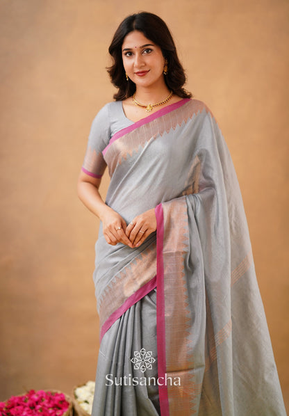 Dhiyona SS Sutisancha Metal Gray Handloom Cotton Designer Tissue Saree
