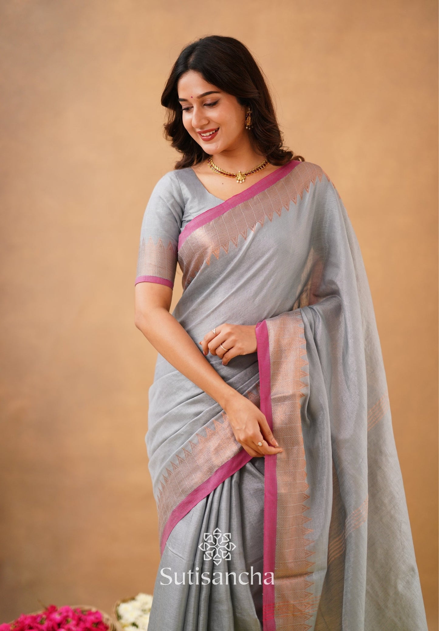 Dhiyona SS Sutisancha Metal Gray Handloom Cotton Designer Tissue Saree