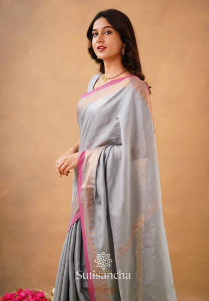 Dhiyona SS Sutisancha Metal Gray Handloom Cotton Designer Tissue Saree
