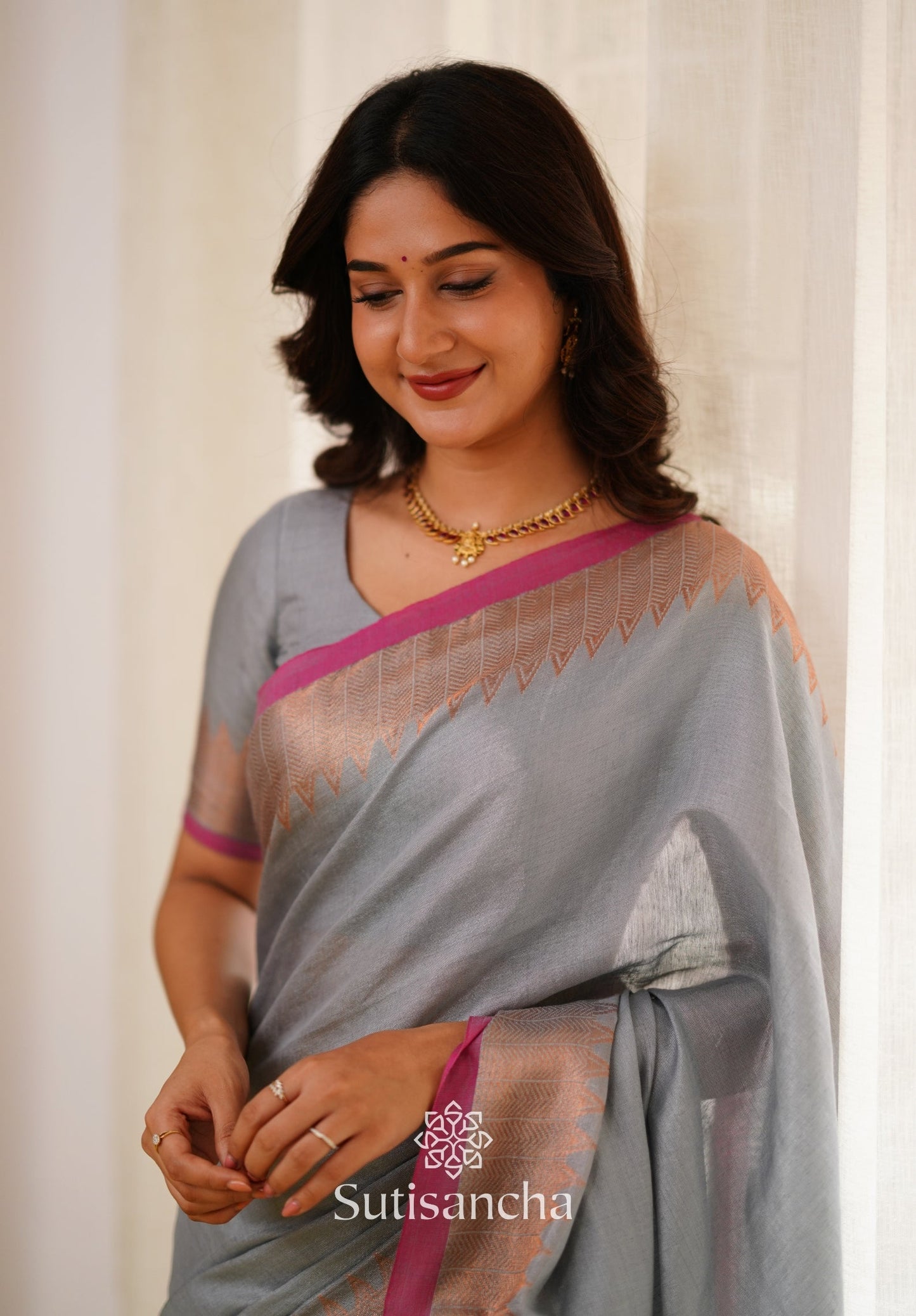 Dhiyona SS Sutisancha Metal Gray Handloom Cotton Designer Tissue Saree