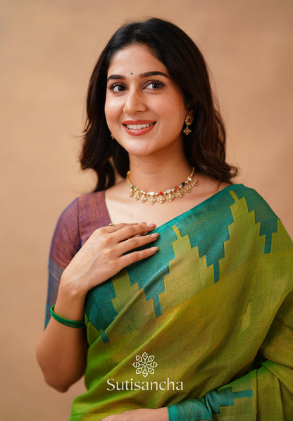 Dhiyona SS Tissue Cotton Handloom Saree with Artisanal Stepped Border