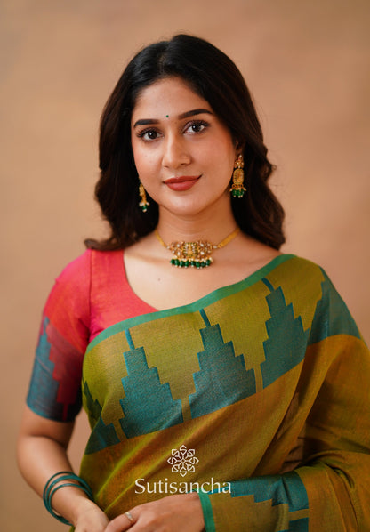 Dhiyona SS Tissue Cotton Handloom Saree with Artisanal Stepped Border
