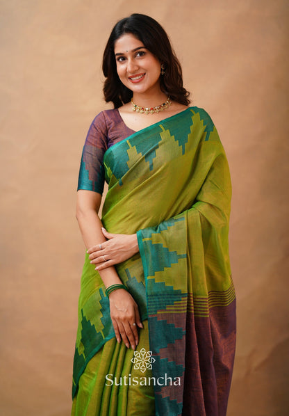 Dhiyona SS Tissue Cotton Handloom Saree with Artisanal Stepped Border