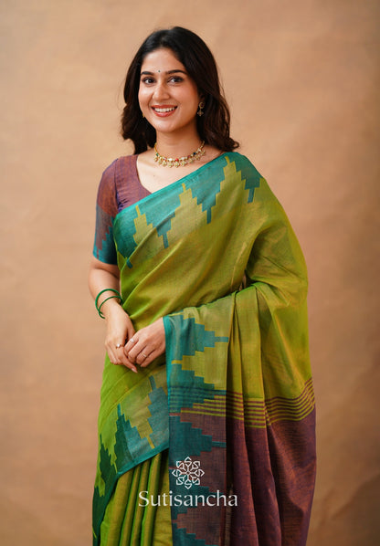 Dhiyona SS Tissue Cotton Handloom Saree with Artisanal Stepped Border