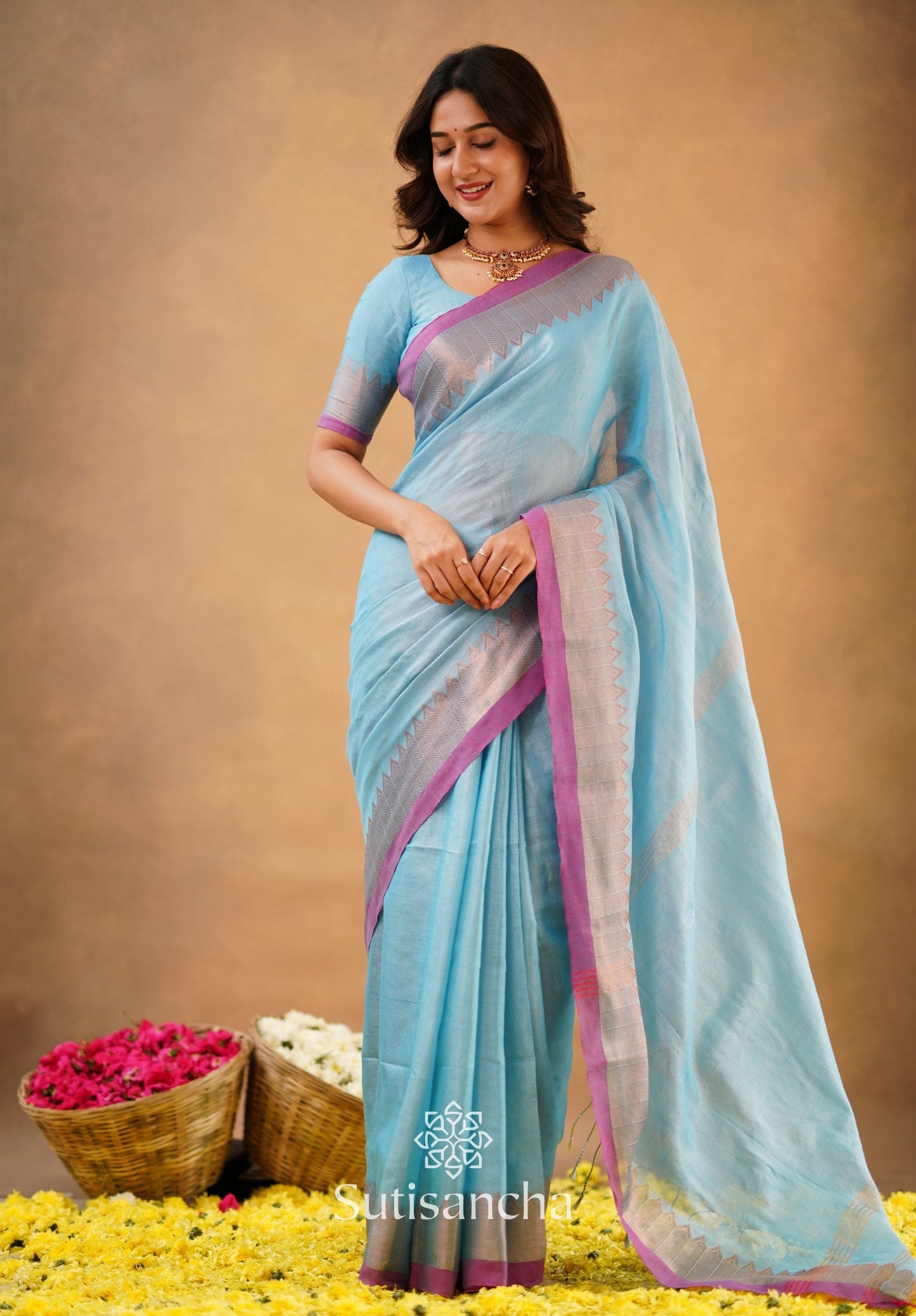 Dhiyona SS Sutisancha Aqua Sky Handloom Cotton Designer Tissue Saree