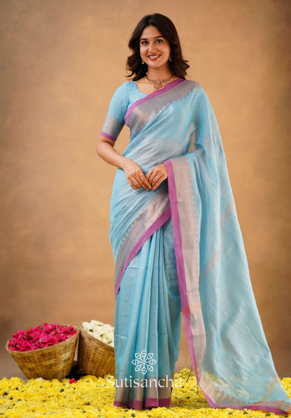 Dhiyona SS Sutisancha Aqua Sky Handloom Cotton Designer Tissue Saree