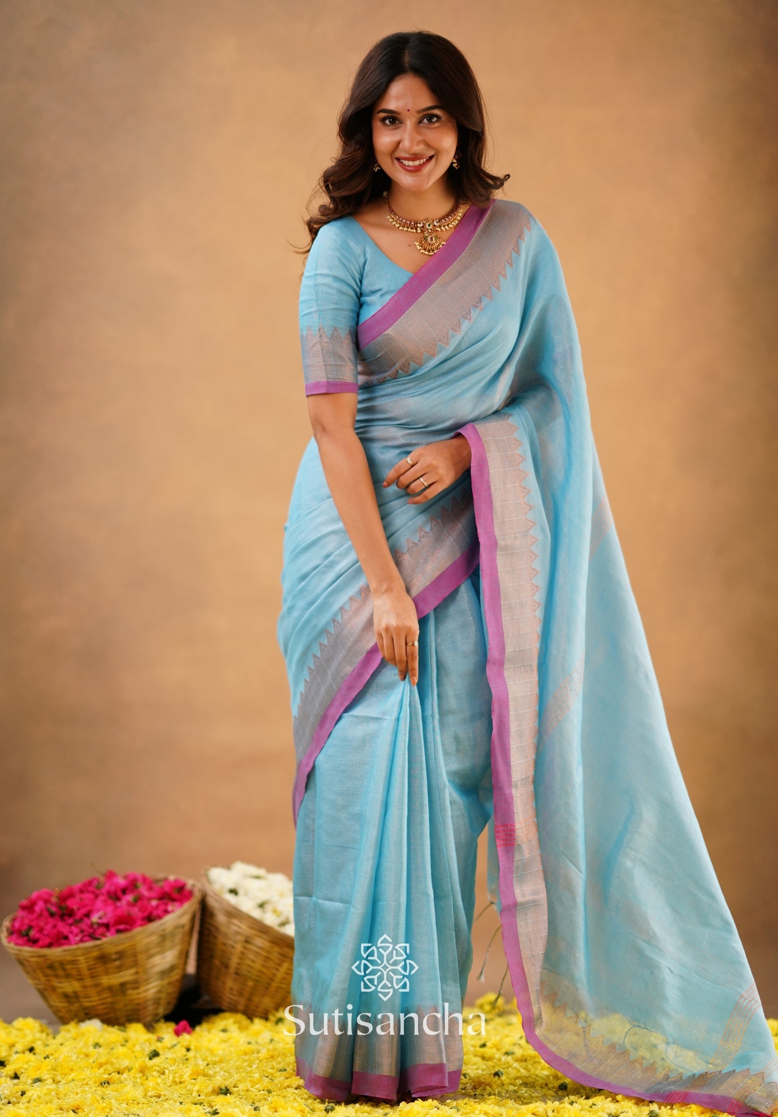 Dhiyona SS Sutisancha Aqua Sky Handloom Cotton Designer Tissue Saree
