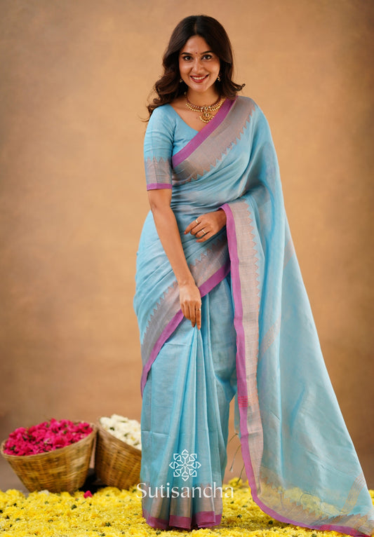 Dhiyona SS Sutisancha Aqua Sky Handloom Cotton Designer Tissue Saree