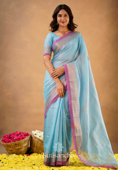 Dhiyona SS Sutisancha Aqua Sky Handloom Cotton Designer Tissue Saree