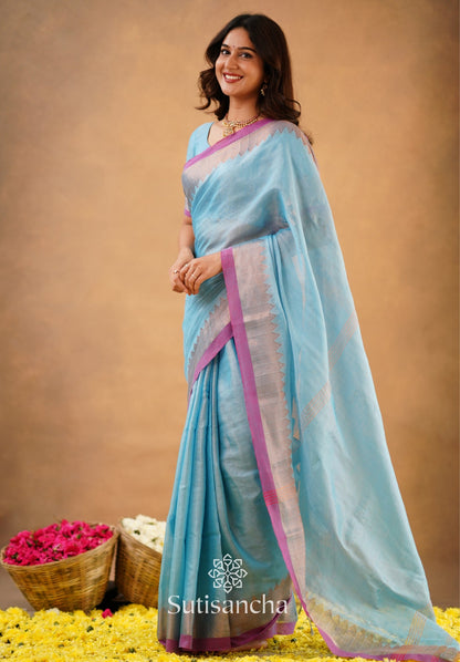 Dhiyona SS Sutisancha Aqua Sky Handloom Cotton Designer Tissue Saree