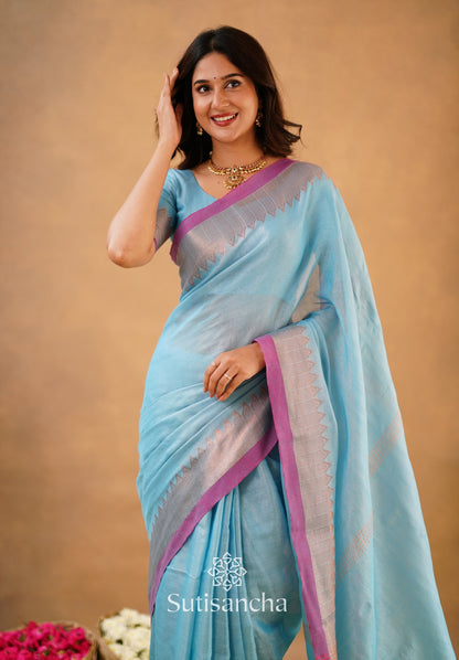 Dhiyona SS Sutisancha Aqua Sky Handloom Cotton Designer Tissue Saree