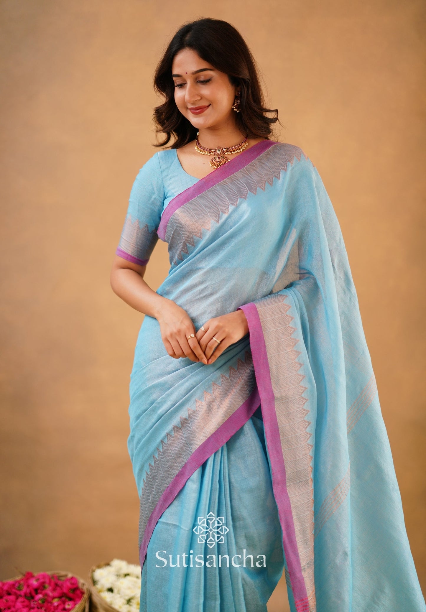 Dhiyona SS Sutisancha Aqua Sky Handloom Cotton Designer Tissue Saree