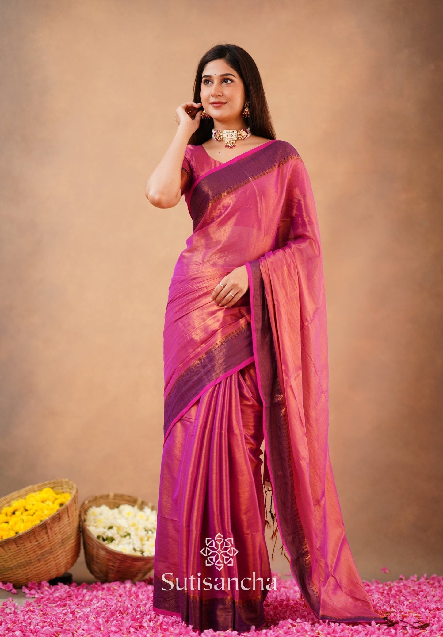 Dhiyona SS Sutisancha Peach Handloom Cotton Tissue Saree