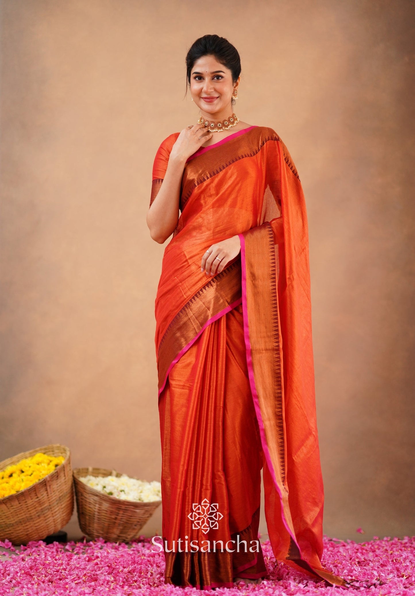 Dhiyona SS Sutisancha Orange Handloom Cotton Tissue Saree