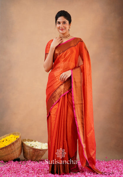 Dhiyona SS Sutisancha Orange Handloom Cotton Tissue Saree