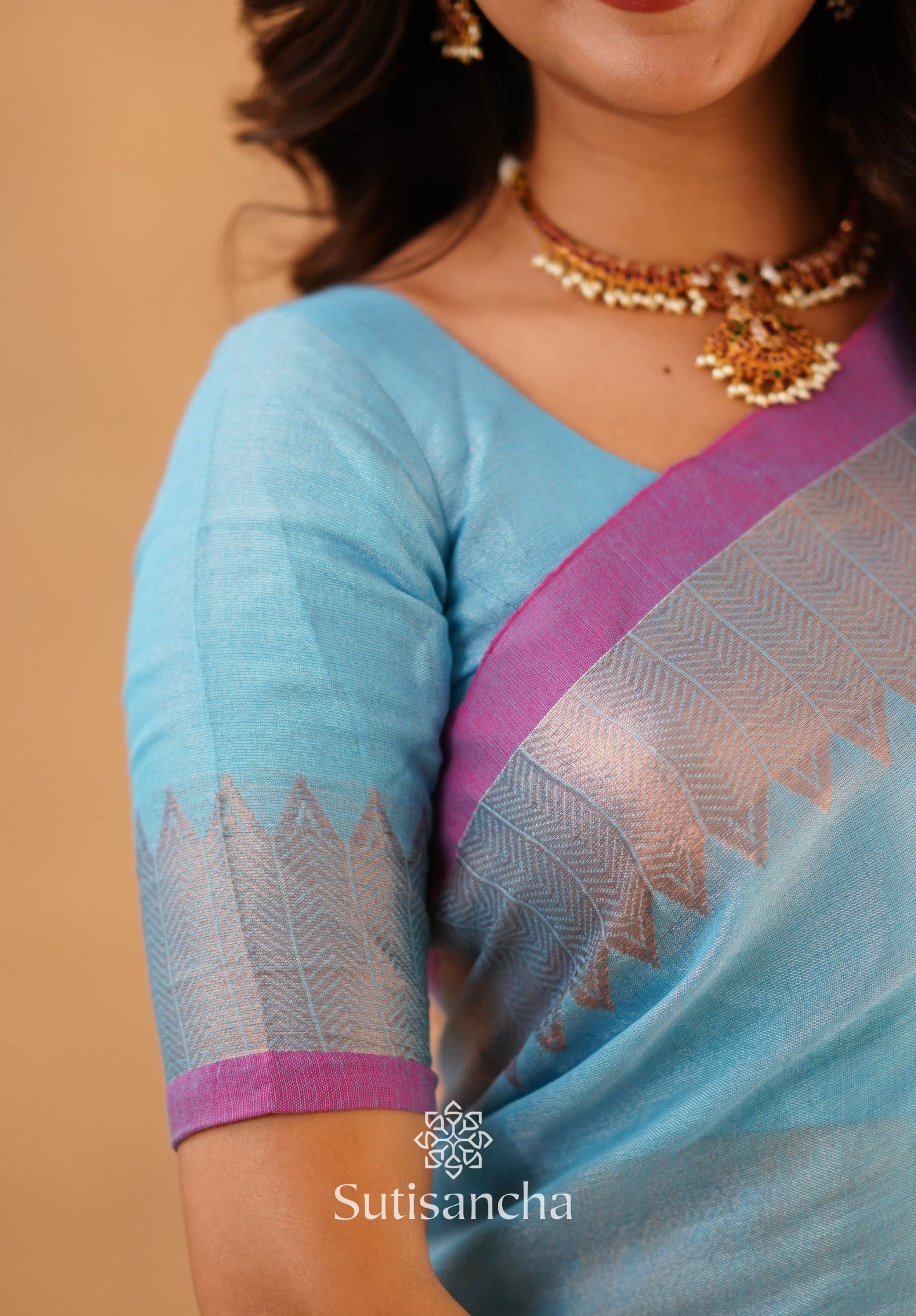 Dhiyona SS Sutisancha Aqua Sky Handloom Cotton Designer Tissue Saree