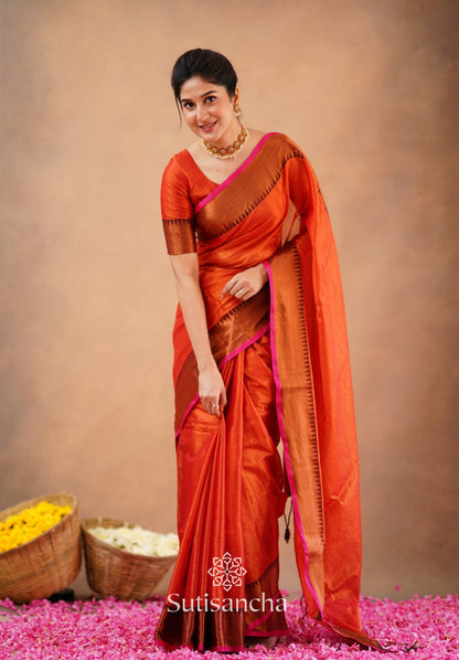 Dhiyona SS Sutisancha Orange Handloom Cotton Tissue Saree