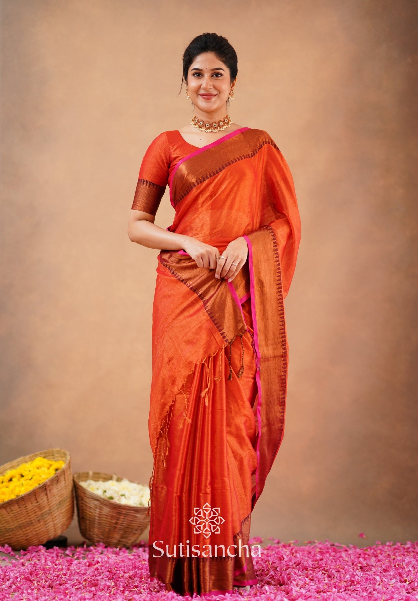 Dhiyona SS Sutisancha Orange Handloom Cotton Tissue Saree