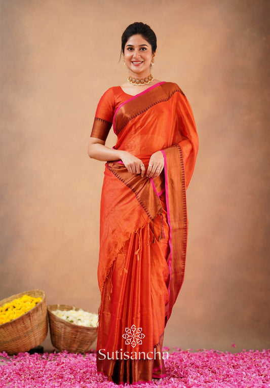 Dhiyona SS Sutisancha Orange Handloom Cotton Tissue Saree