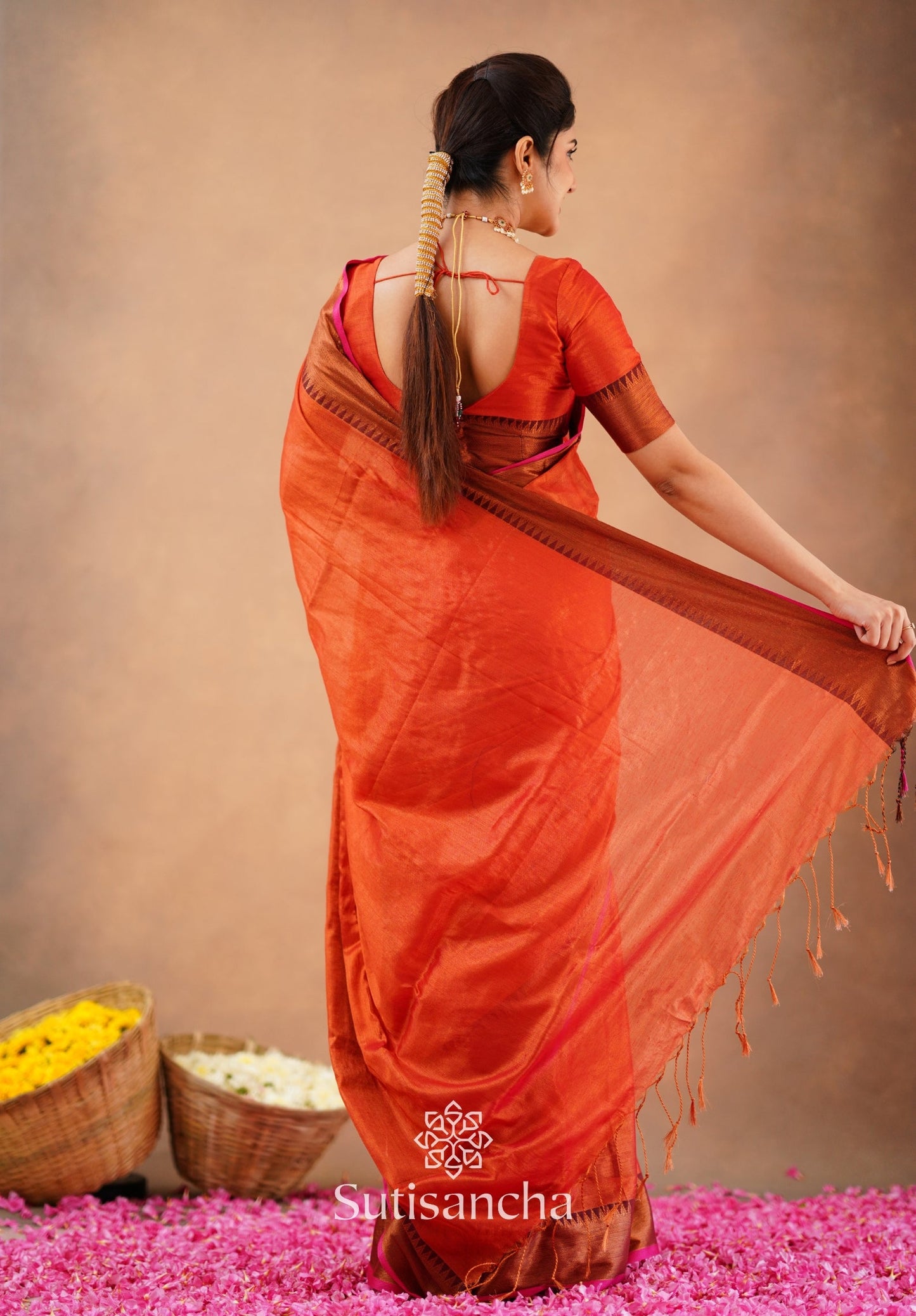 Dhiyona SS Sutisancha Orange Handloom Cotton Tissue Saree
