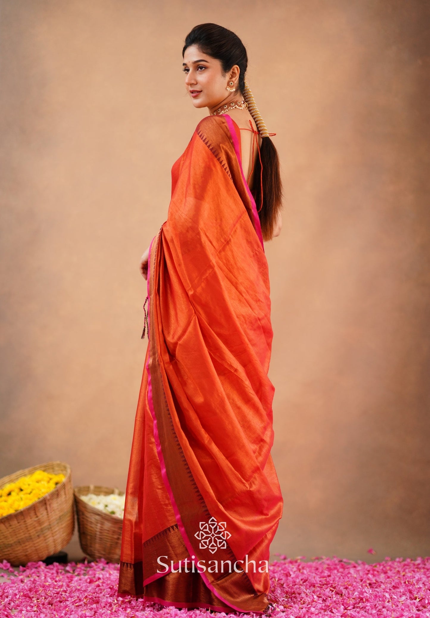 Dhiyona SS Sutisancha Orange Handloom Cotton Tissue Saree