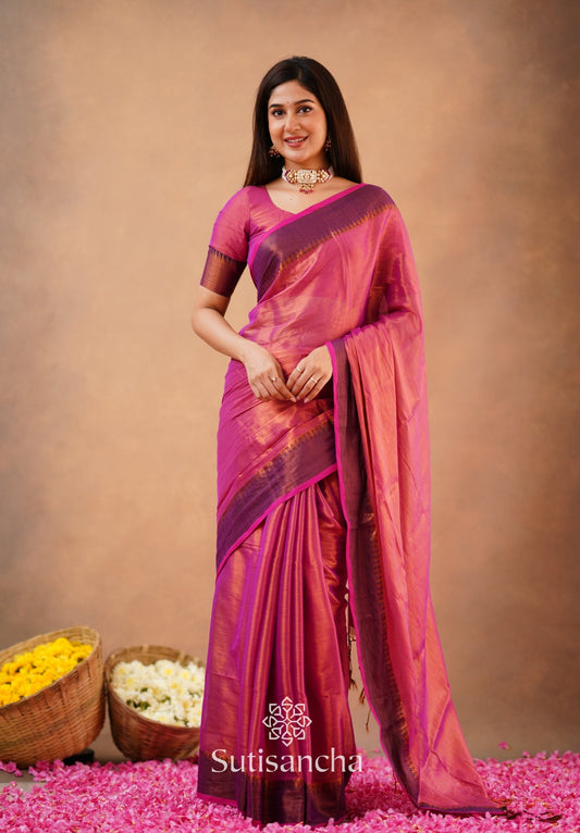 Dhiyona SS Sutisancha Peach Handloom Cotton Tissue Saree
