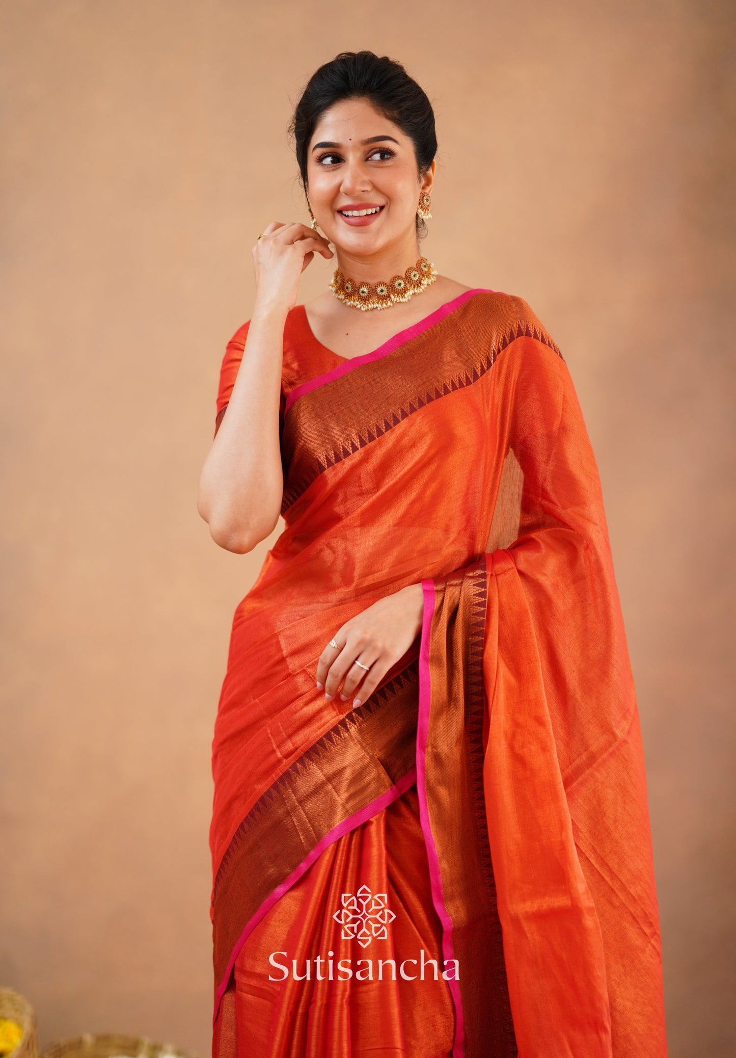 Dhiyona SS Sutisancha Orange Handloom Cotton Tissue Saree