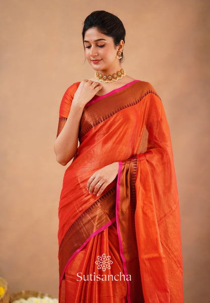 Dhiyona SS Sutisancha Orange Handloom Cotton Tissue Saree