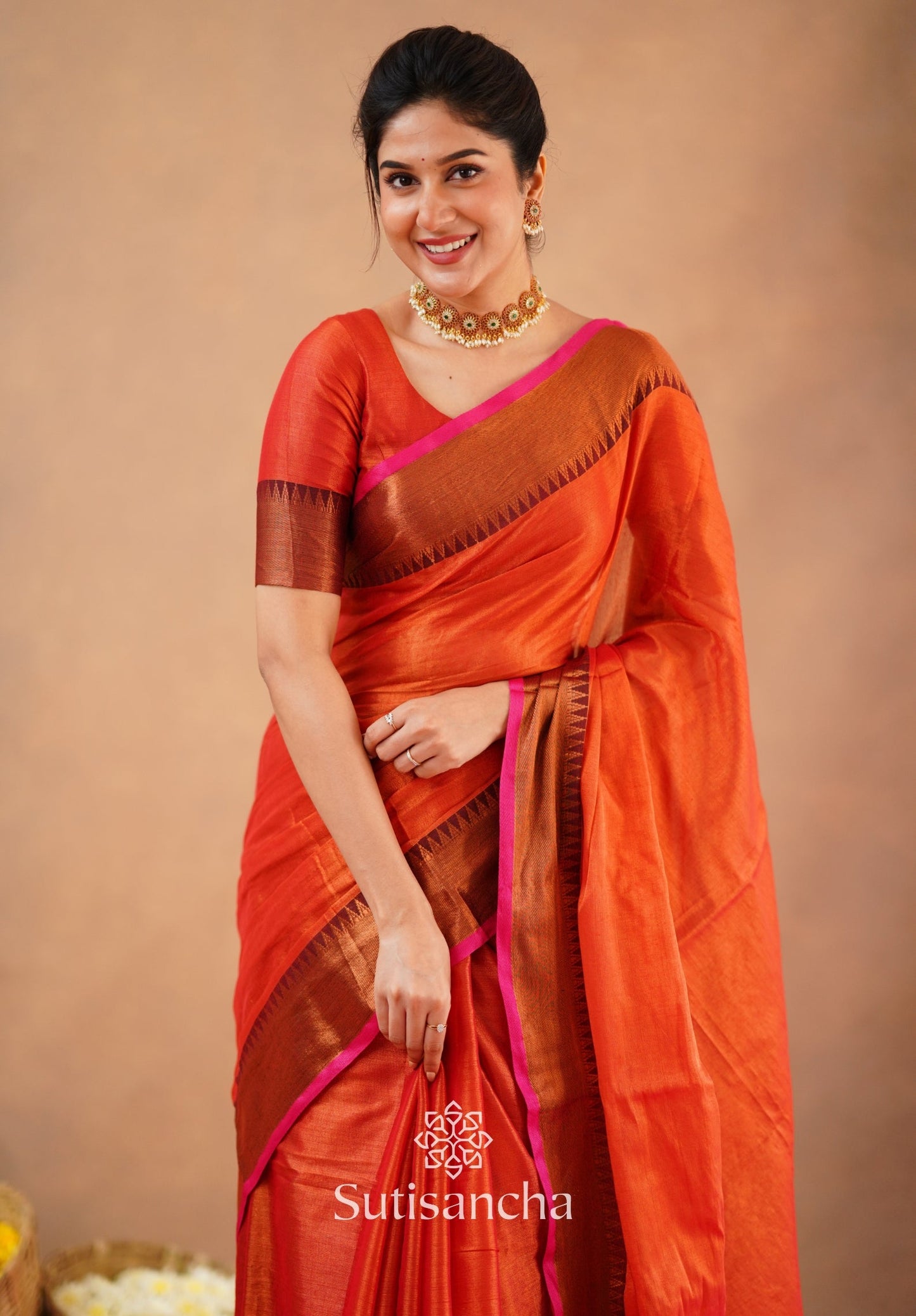 Dhiyona SS Sutisancha Orange Handloom Cotton Tissue Saree