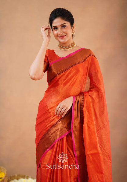 Dhiyona SS Sutisancha Orange Handloom Cotton Tissue Saree