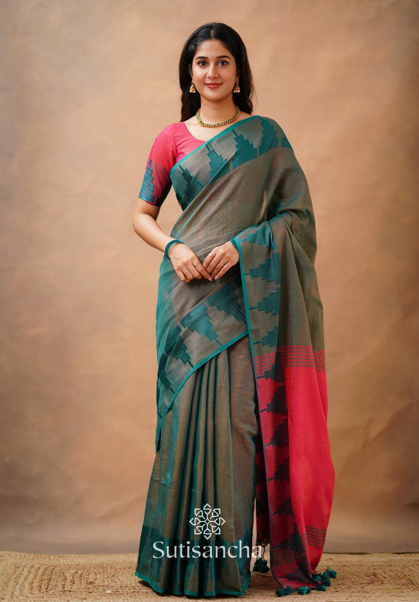Dhiyona SS Tissue Cotton Handloom Saree with Artisanal Stepped Border