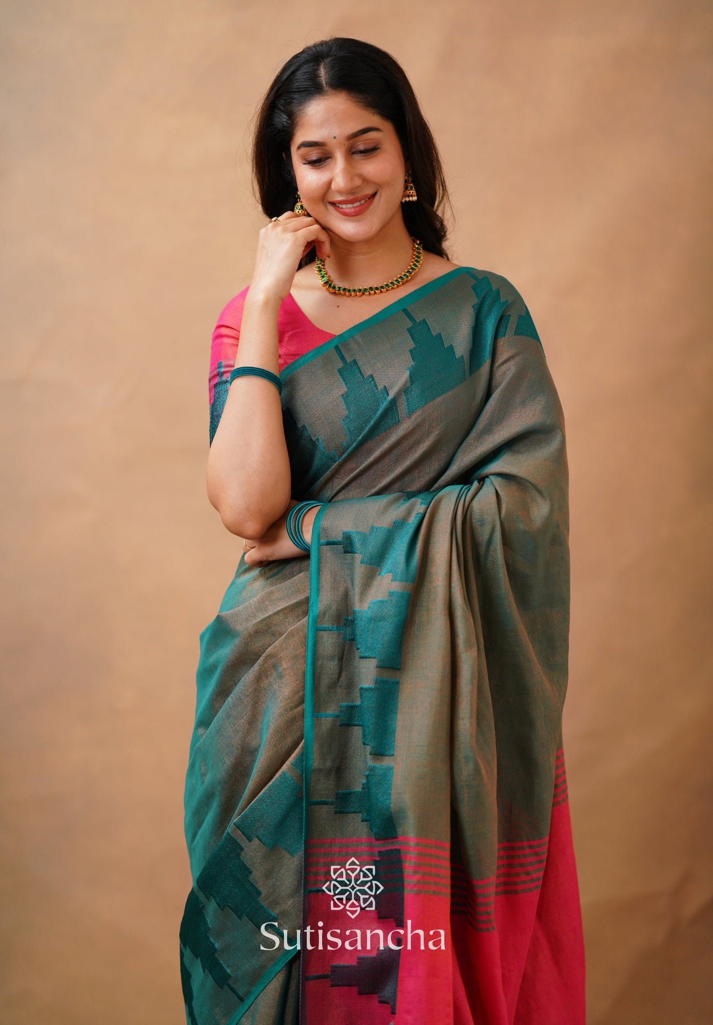 Dhiyona SS Tissue Cotton Handloom Saree with Artisanal Stepped Border